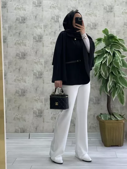 Kemerli Kaşe Tesettür Panço | Kadın Panço