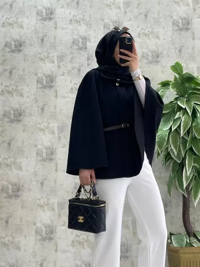 Kemerli Kaşe Tesettür Panço | Kadın Panço